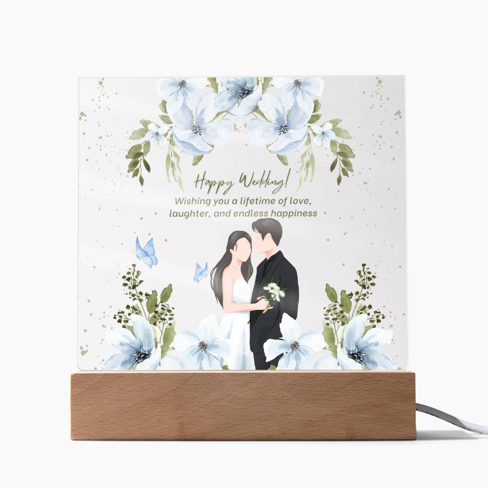 Happy Wedding Acrylic Plaque – Elegant Blue Floral Gift - LED Corded Base - Acrylic Prints