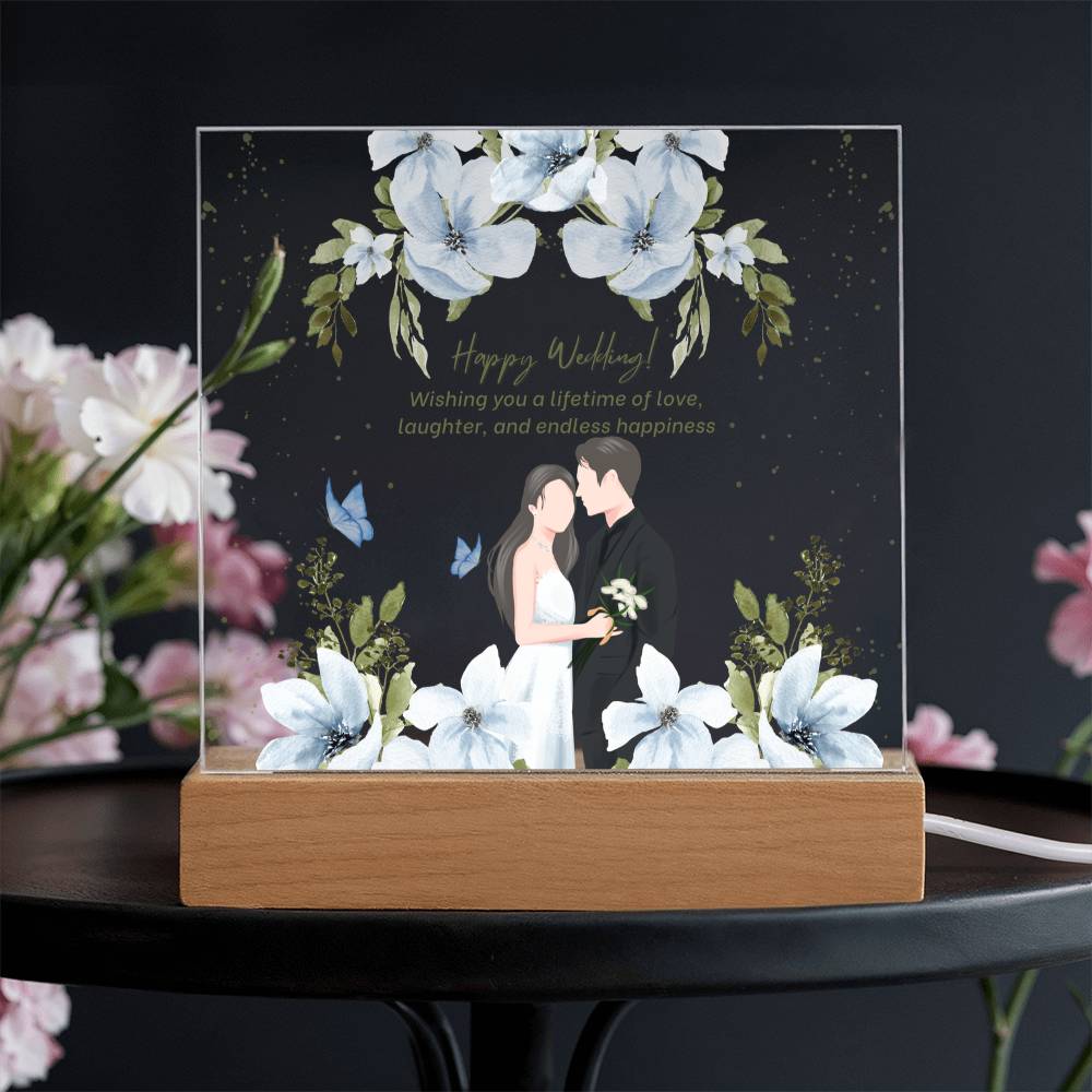Happy Wedding Acrylic Plaque – Elegant Blue Floral Gift - - Acrylic Prints