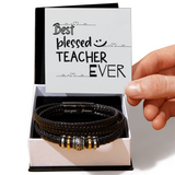 Best Blessed Teacher Bracelet with Leather Band - Two Tone Box - Bracelets