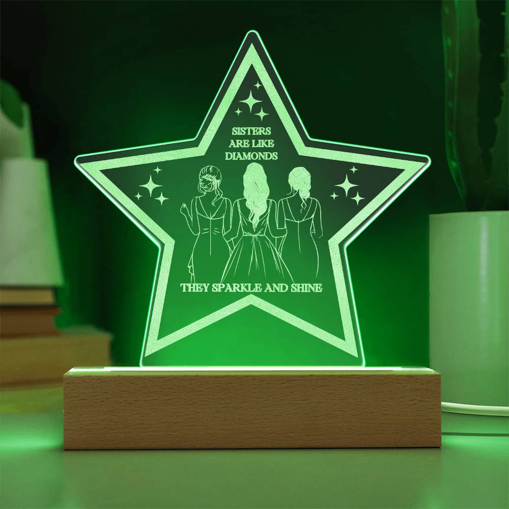 Sparkling Sisters Engraved Star Plaque - Wood LED Base with Cord - Acrylic Prints