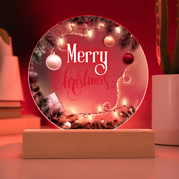 Merry Christmas Circular Acrylic Plaque – Gift of Warmth - Battery Powered LED Base - Acrylic Prints