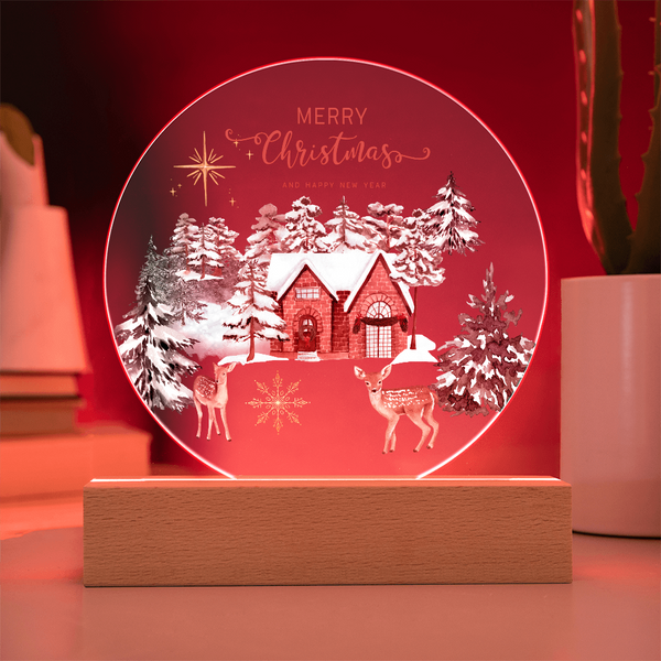 Circular LED Acrylic Plaque – Warm Winter Keepsake Gift - Battery Powered LED Base - Acrylic Prints