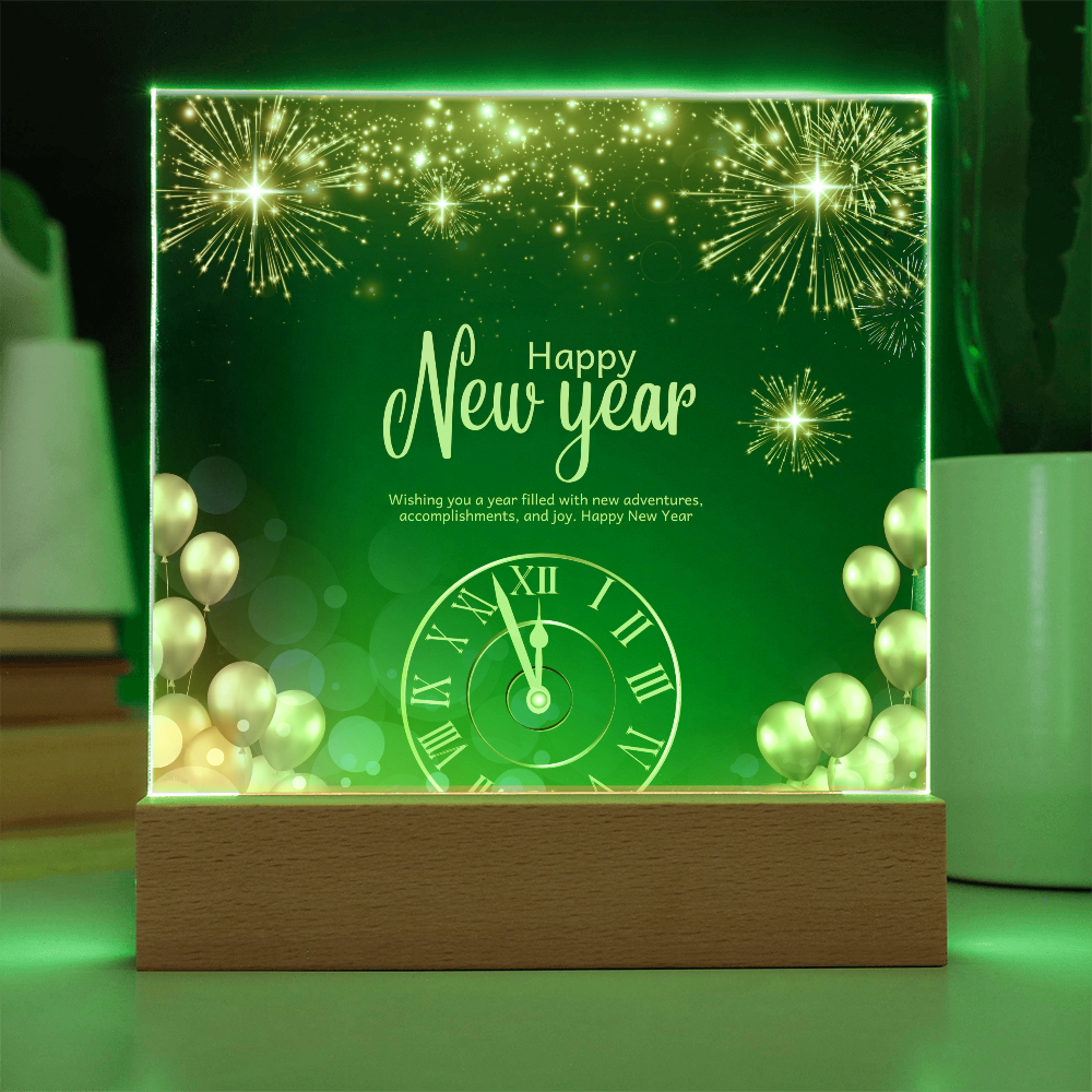 Golden Happy New Year Acrylic Plaque – Festive Gift 2026 - Battery Powered LED Base - Acrylic Prints