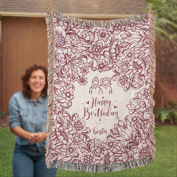 Maroon Floral Woven Blanket – Birthday Gift for Bestie - - Blanket