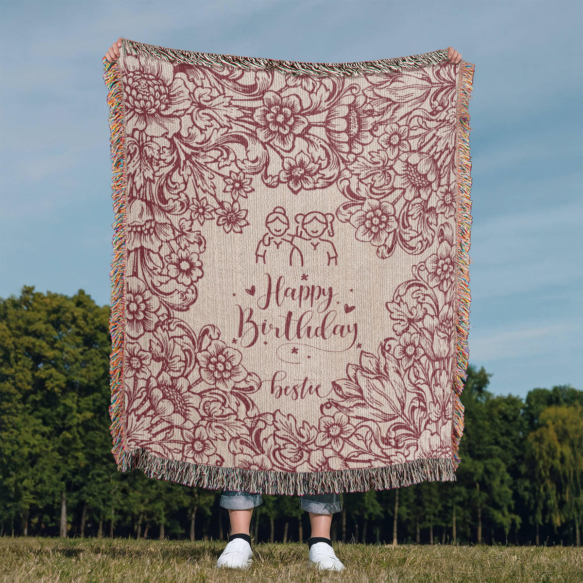 Maroon Floral Woven Blanket – Birthday Gift for Bestie - - Blanket