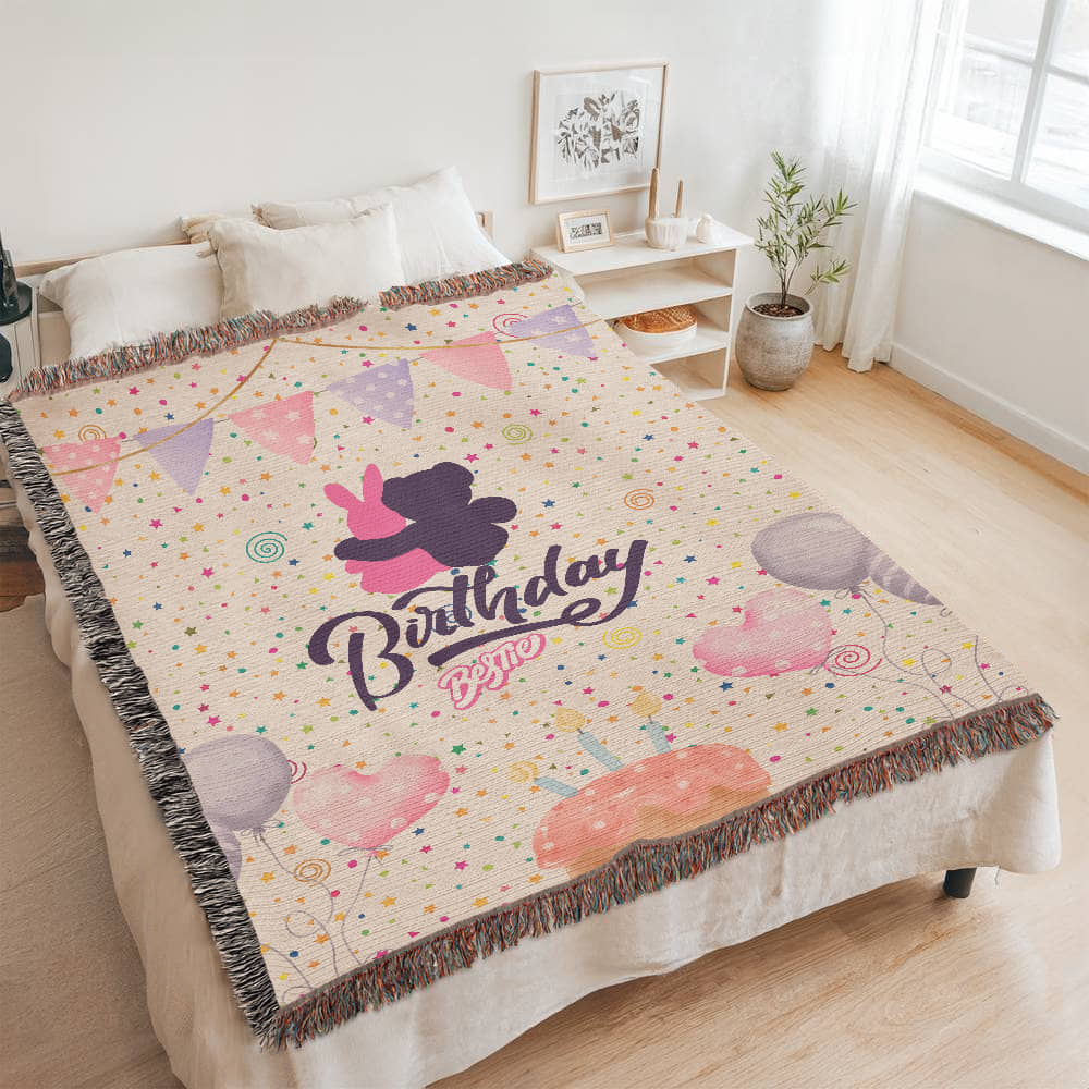 Birthday Woven Blanket – Teddy & Bunny Bestie Style - - Blanket