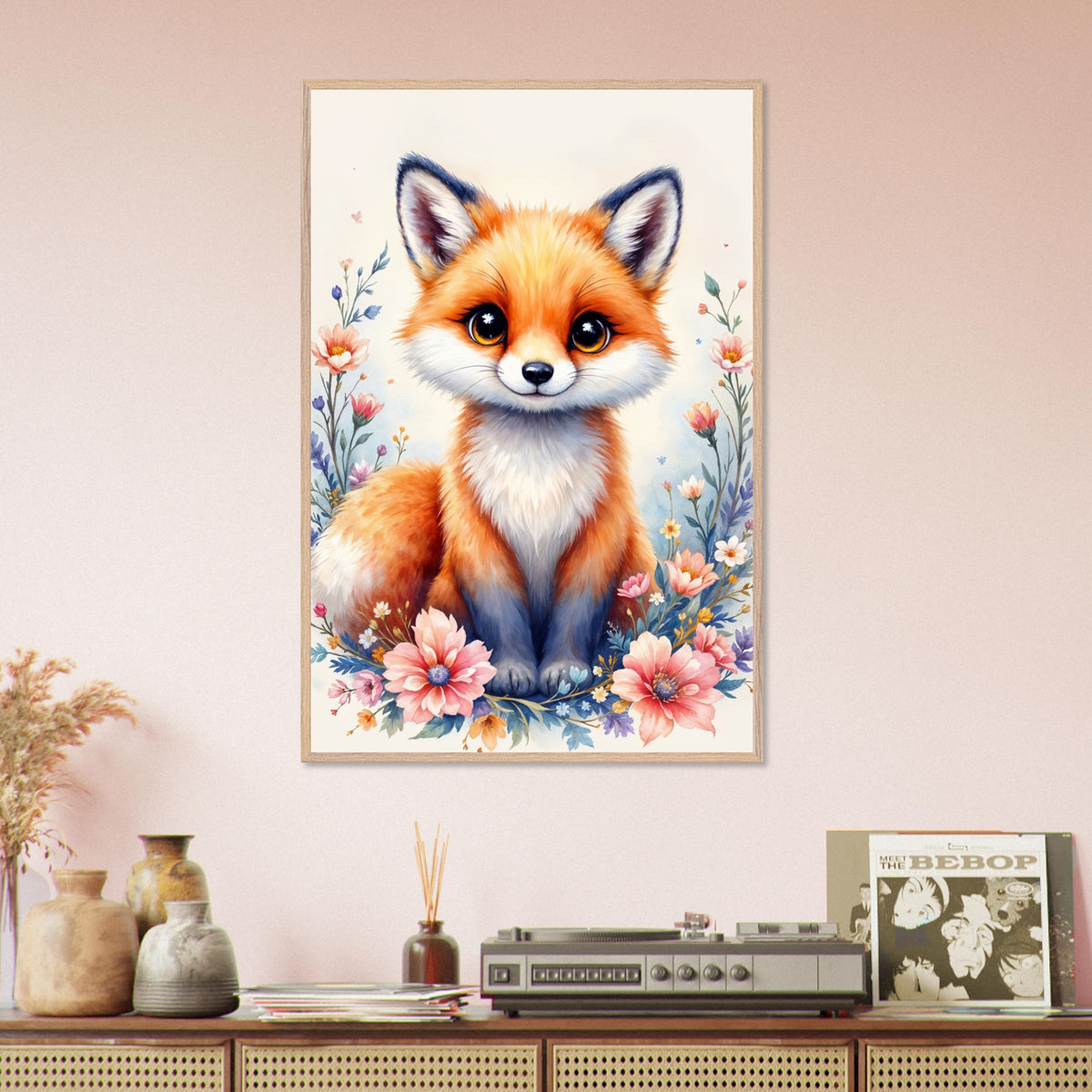 Adorable Fox & Blossoms - Nature's Delight - Wood frame - Framed Posters