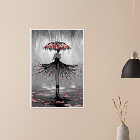 Image of Whispers of the Rain - Woman with Umbrella Art