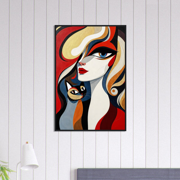 Bold Graphic Woman with Feline Companion Wall Decor - Black frame 60x90 cm 24x36″ - Wooden Framed Posters