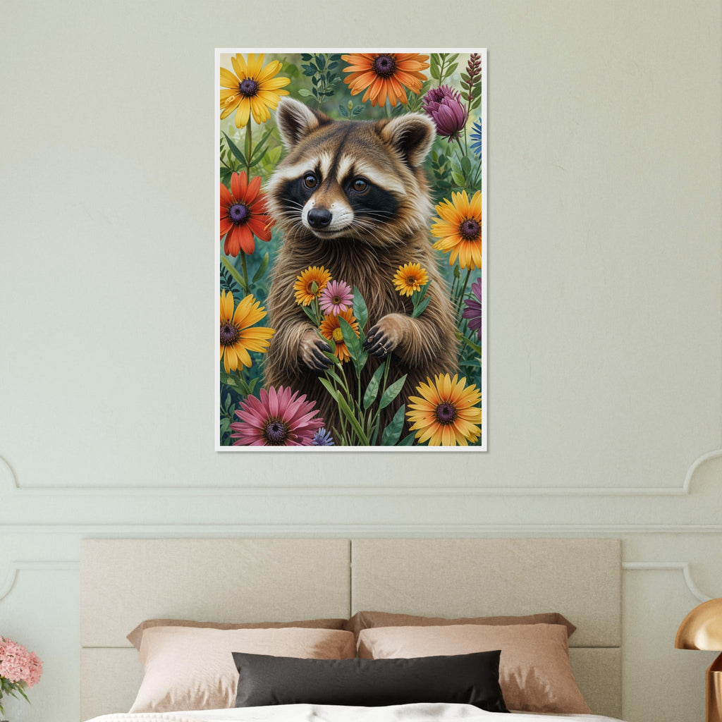 Nature's Whispers - Raccoon & Floral Wall Art - White frame 60x90 cm 24x36″ - Wooden Framed Posters