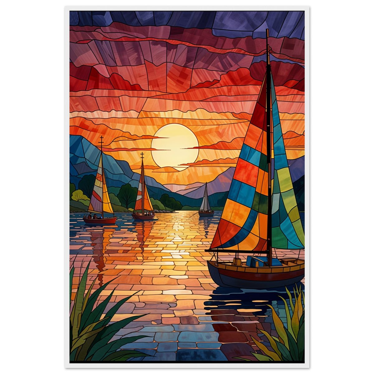 Sunset Sail - Stained Glass Boat Framed Print - - Wooden Framed Posters