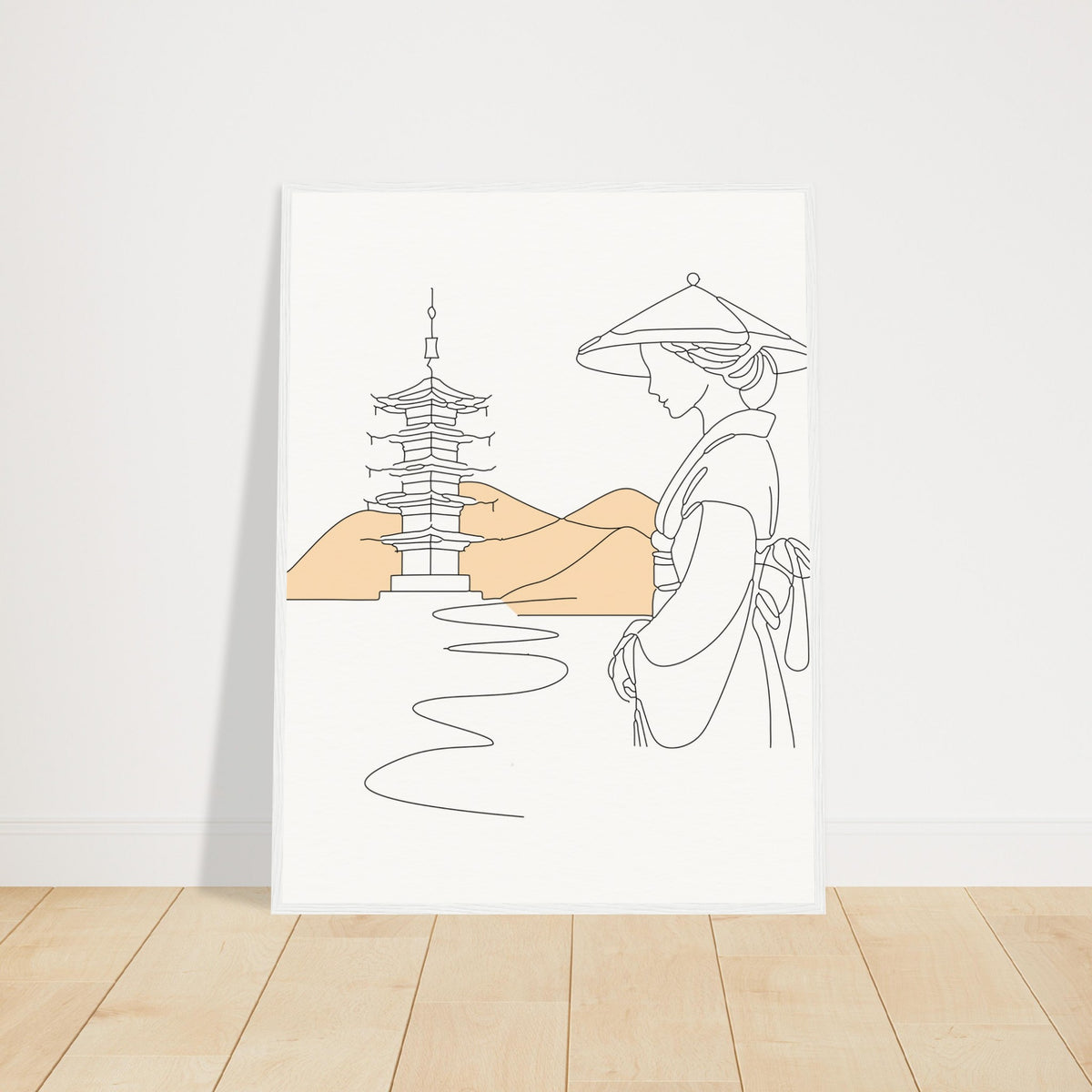 Serene Japanese Elegance - Framed Line Art - 60x80 cm 24x32″ White frame - Wooden Framed Posters