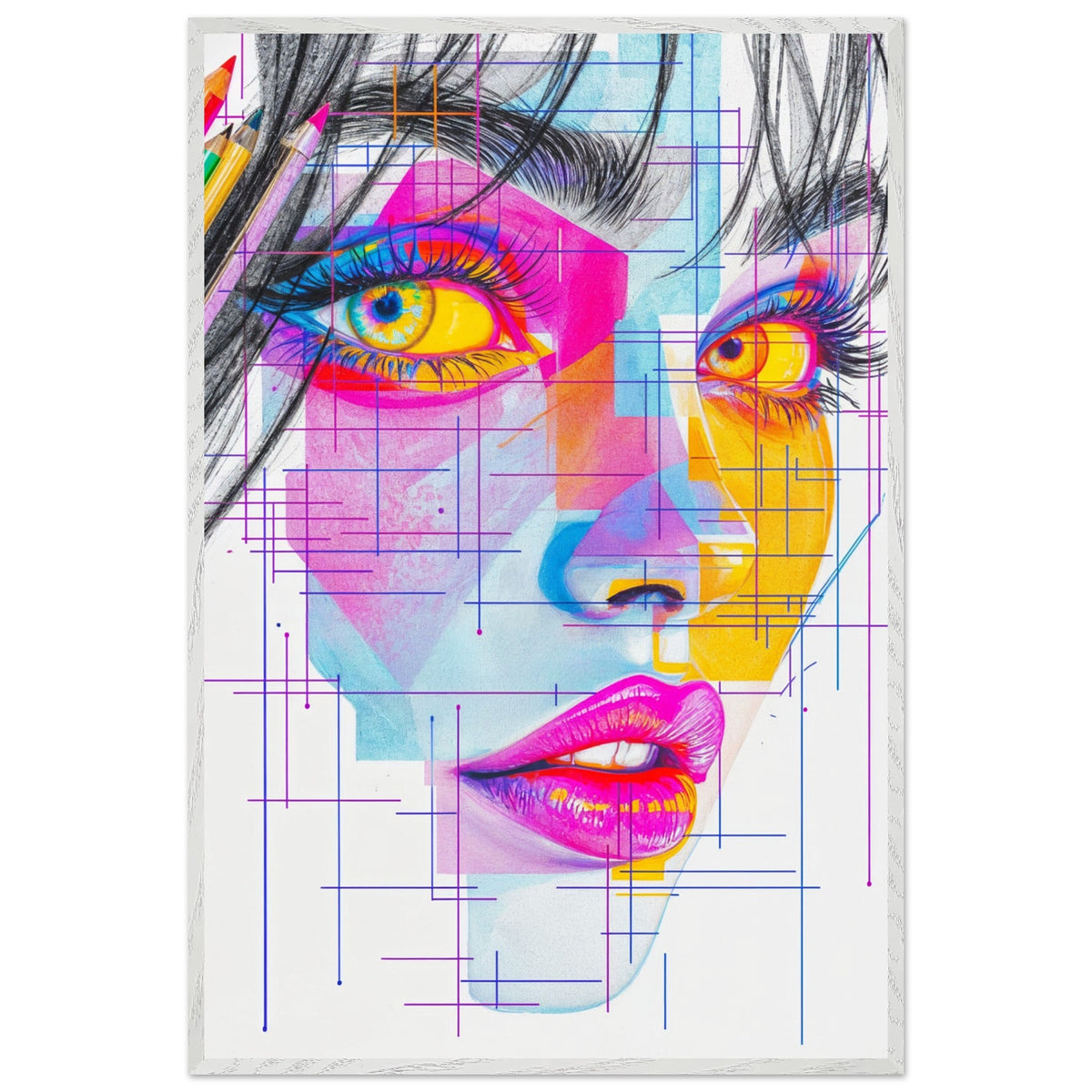 Color Meets Lines - Futuristic Portrait in Premium Frame - - Framed Posters