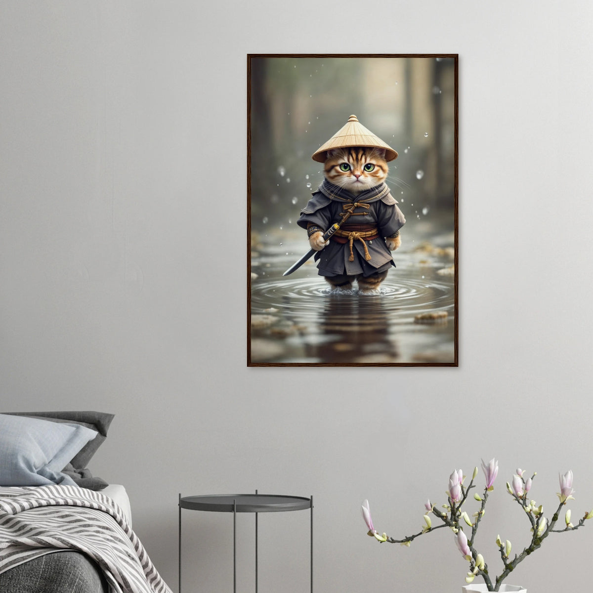Samurai Kitty - Zen Warrior Framed Art - 60x90 cm 24x36″ Dark wood frame - Wooden Framed Posters