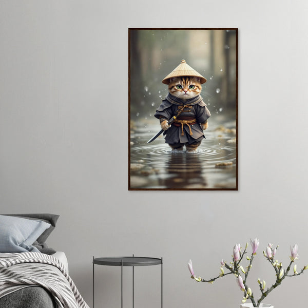 Samurai Kitty - Zen Warrior Framed Art - 60x90 cm 24x36″ Dark wood frame - Wooden Framed Posters