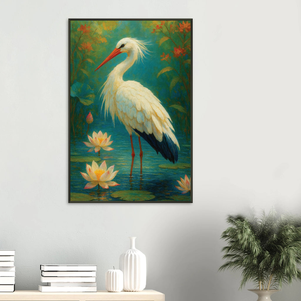Metal Framed Poster – Elegant Stork in Lotus Pond - Default Title - Metal Framed Posters