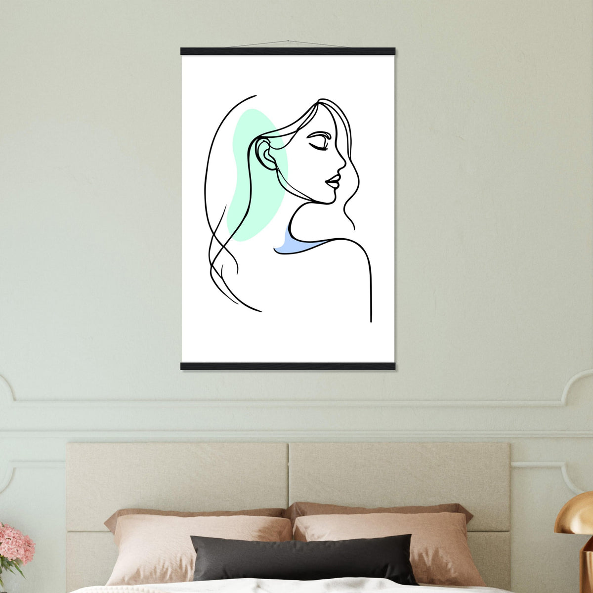 Elegance in Line - Minimalist Female Profile Art with Wooden Hangers - 60x90 cm 24x36″ Black wall hanger - Posters With Hanger