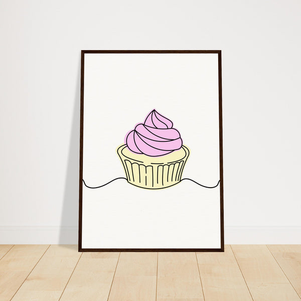 Cupcake Delight - Minimalist Pink Frosting Art - 50x70 cm 20x28″ Dark wood frame - Wooden Framed Posters