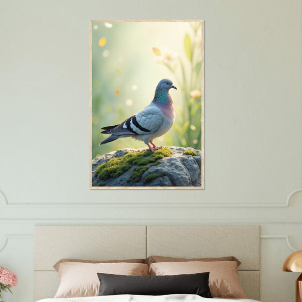 Peaceful Perch - Dove on Mossy Rock Print - 60x90 cm 24x36″ Wood frame - Wooden Framed Poster