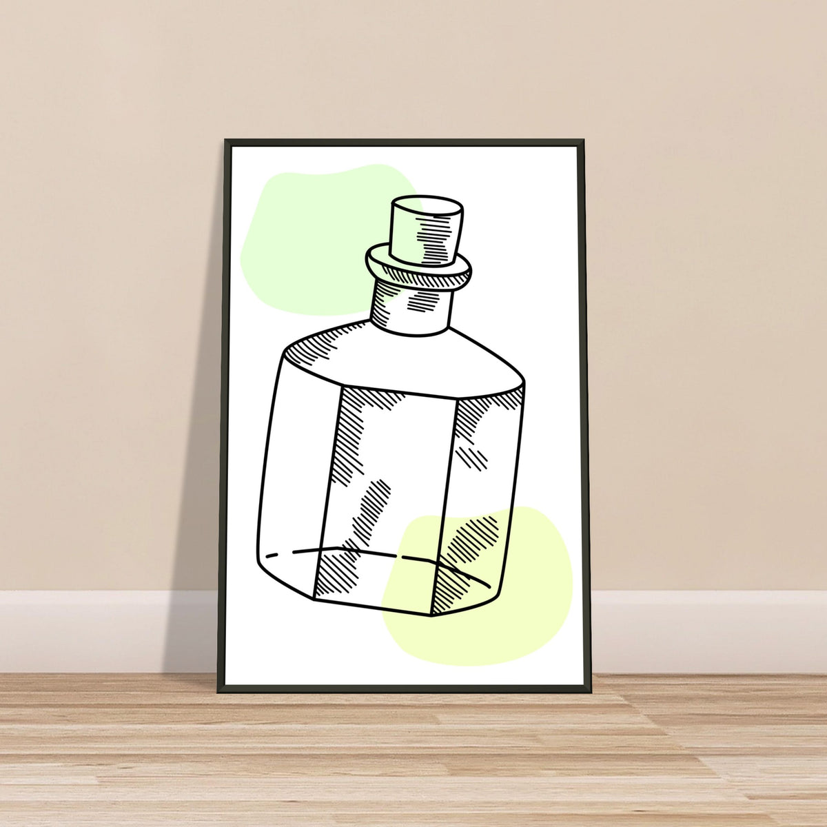 Vintage Charm - Line Art Bottle with Pastel Accents - - Metal Framed Posters