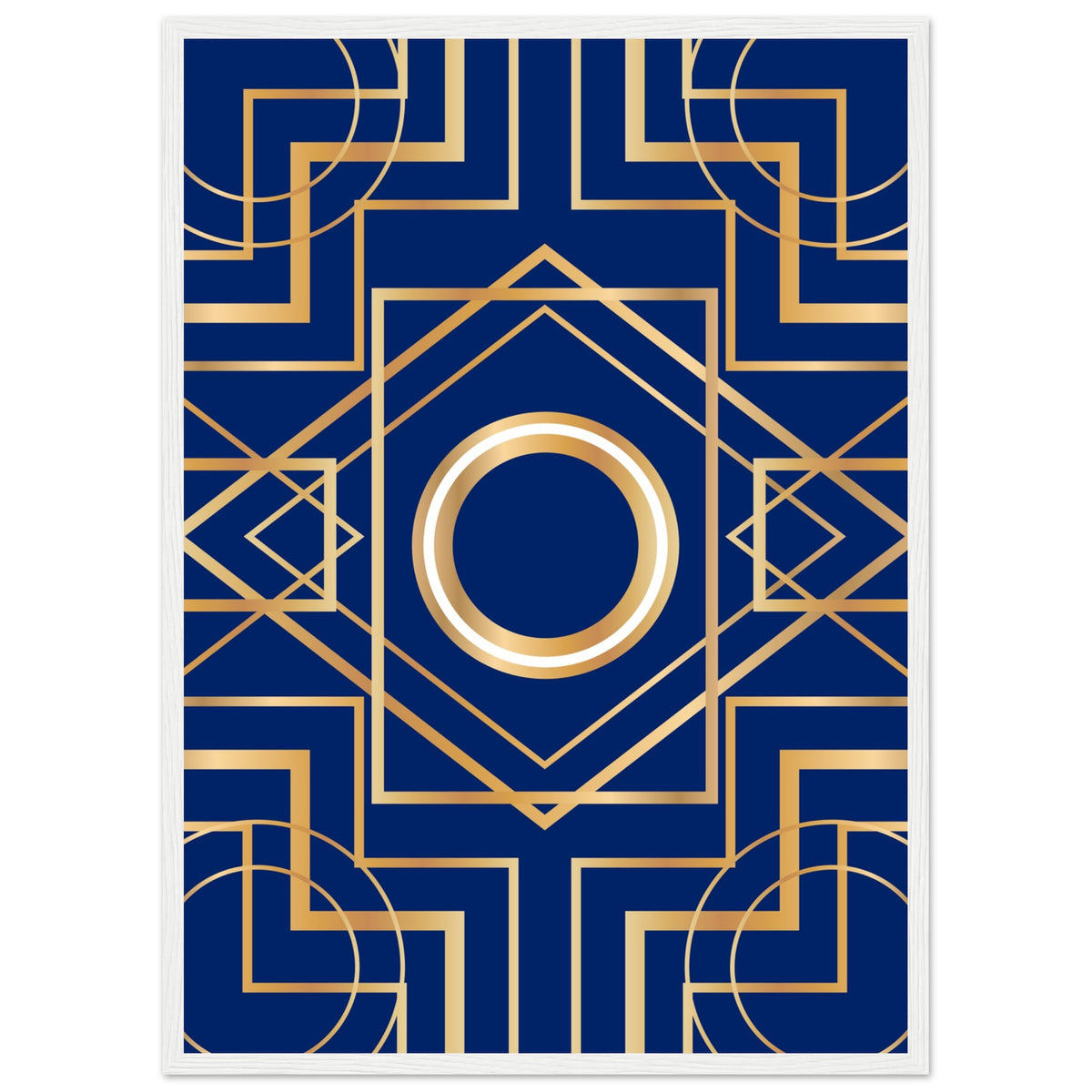 Art Deco Elegance - Blue & Gold Geometric Framed Print - 50x70 cm 20x28″ White frame - Wooden Framed Posters