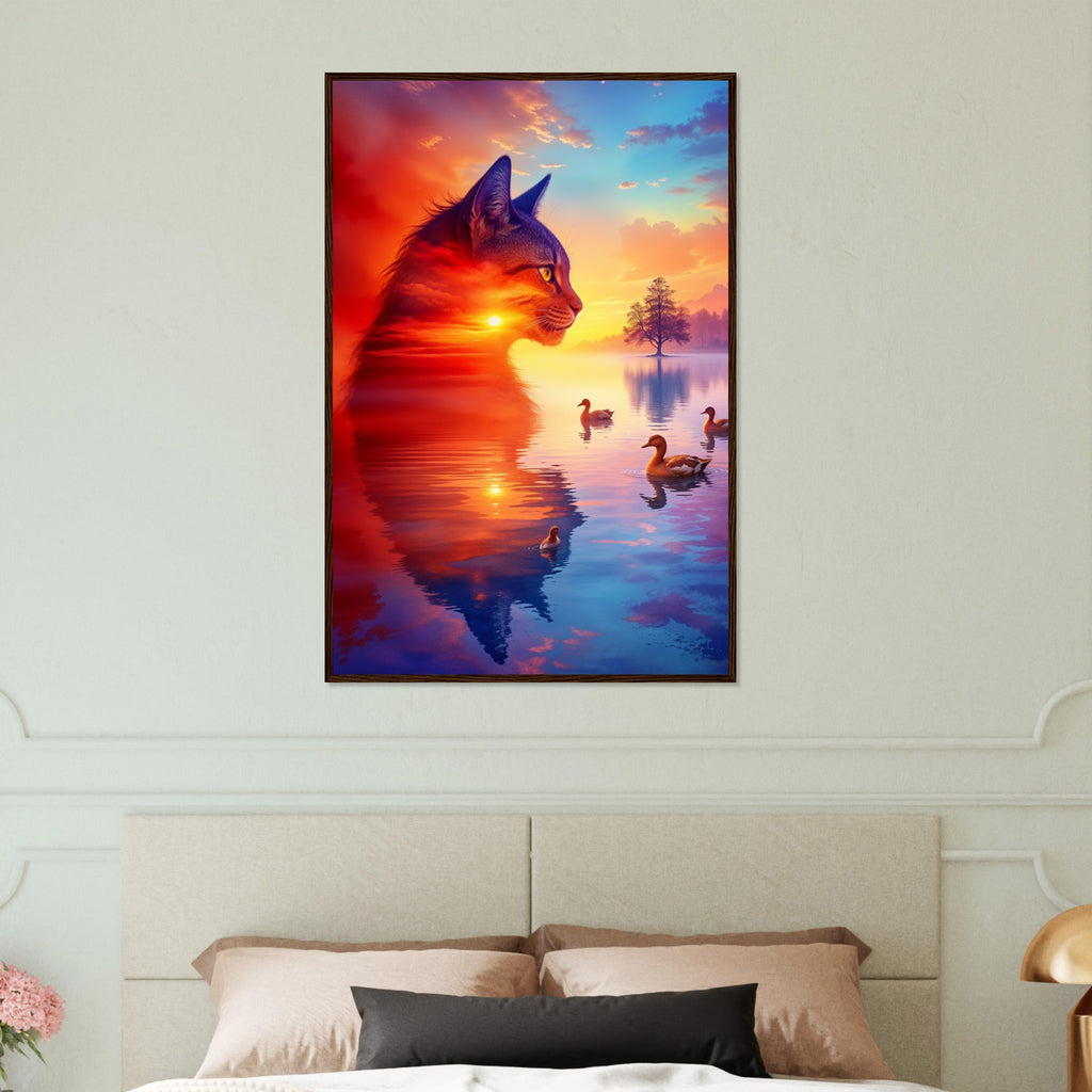 Tranquil Reflection - Cat at the Lake Wall Art - Dark wood frame 60x90 cm 24x36″ - Wooden Framed Posters