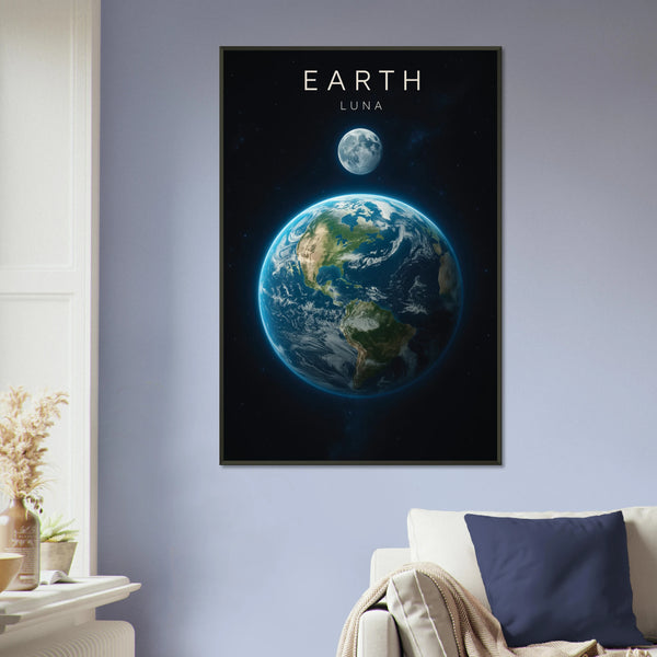Blue Planet Gift – Metal Framed Poster of Earth & Moon - - Metal Framed Posters