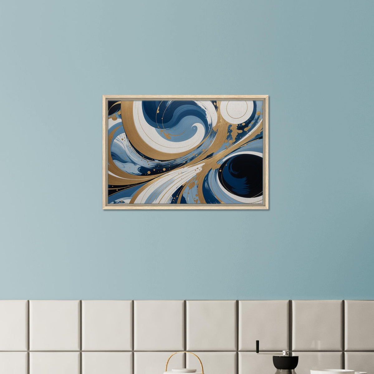 Infinite Flow - Abstract Gold and Navy Whirls - - Framed Canvas