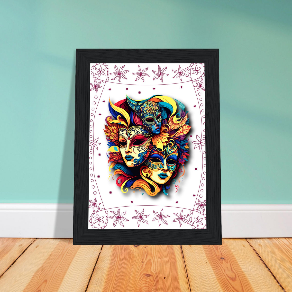 Colorful Mask Trio - Luxury Framed Print - - Wooden Framed Posters