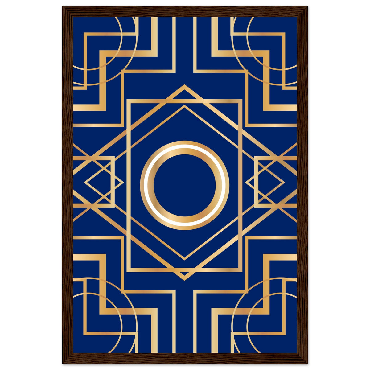 Art Deco Elegance - Blue & Gold Geometric Framed Print - 30x45 cm 12x18″ Dark wood frame - Wooden Framed Posters