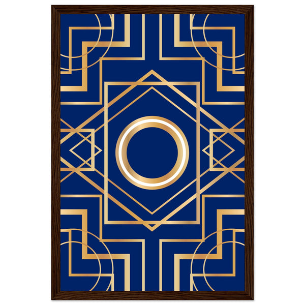 Art Deco Elegance - Blue & Gold Geometric Framed Print - 30x45 cm 12x18″ Dark wood frame - Wooden Framed Posters