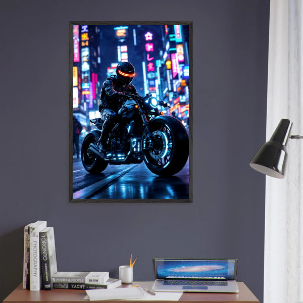Neon Night Rider Poster – Gift for Biker Souls - Black frame - Wooden Framed Posters