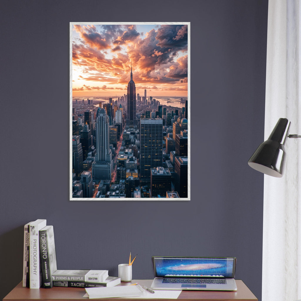 New York Skyline at Sunset - AI Masterpiece - White frame - Framed Posters