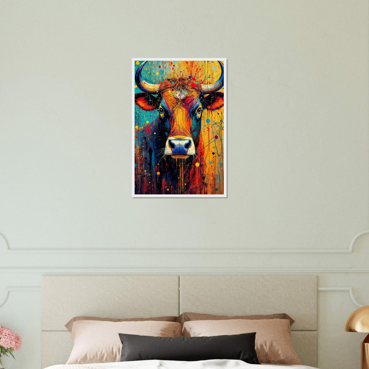 Aura of the Wild - Colorful Bull Art on Matte Paper - White frame 40x60 cm 16x24″ - Wooden Framed Posters