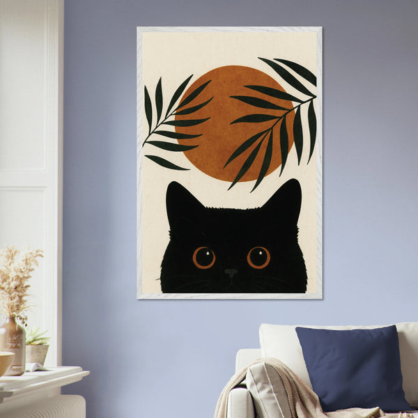 Sunset Whiskers – Minimal Cat Art Wooden Frame Gift - - Wooden Framed Posters
