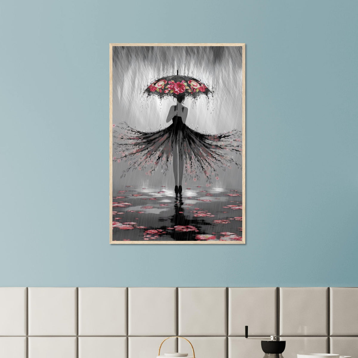Whispers of the Rain - Woman with Umbrella Art - 60x90 cm 24x36″ Wood frame - Framed Posters