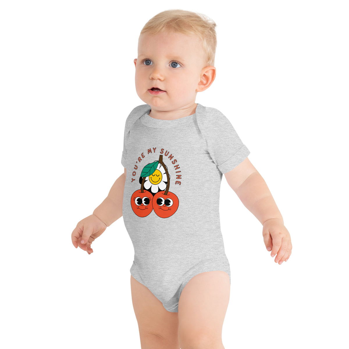 Sunshine Baby Gift - Cherries and Flower Onesie - Athletic Heather - Baby Short One Sleeve Piece