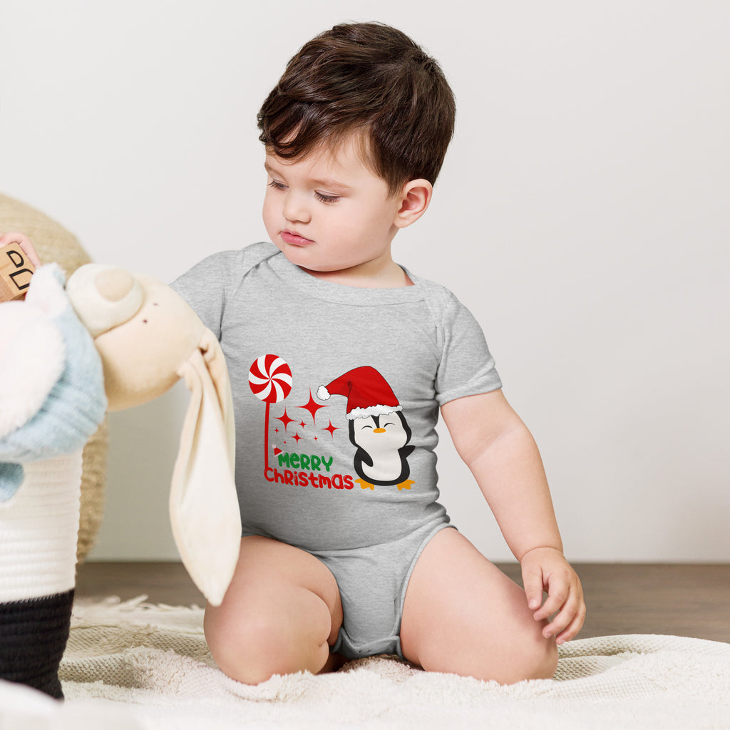 Merry Christmas Penguin - Festive Baby One Piece - Athletic Heather - Baby Short Sleeve One Piece