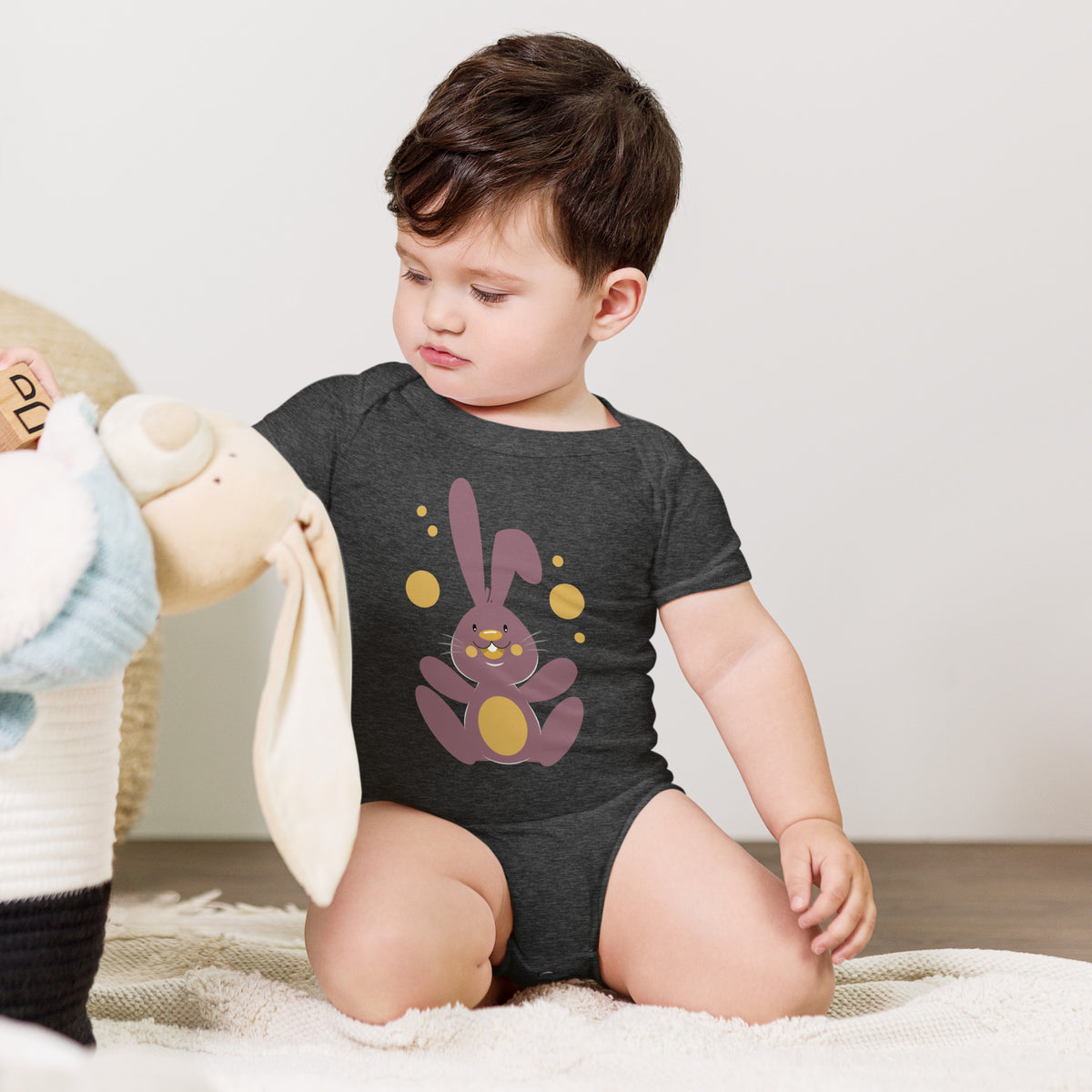 Adorable Bunny Bliss Baby - Dark Grey Heather - Baby Short One Sleeve Piece