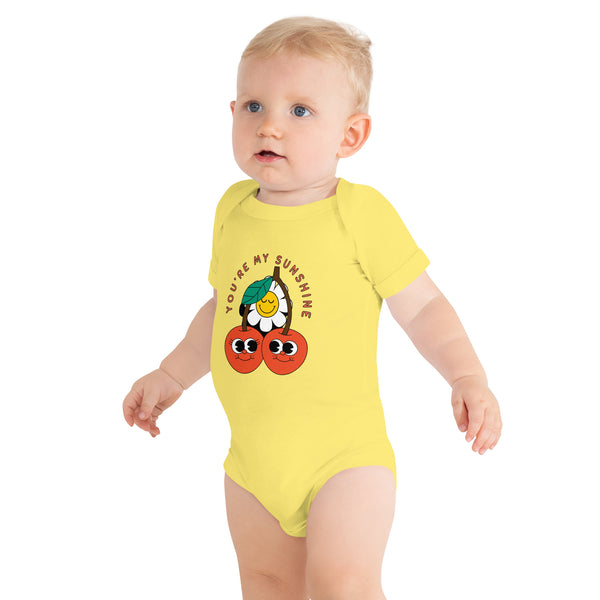 Sunshine Baby Gift - Cherries and Flower Onesie - Yellow - Baby Short One Sleeve Piece