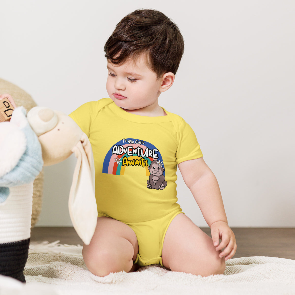 To My Cute Adventure Awaits - A Playful Gorilla Onesie - Yellow - Baby Short One Sleeve Piece