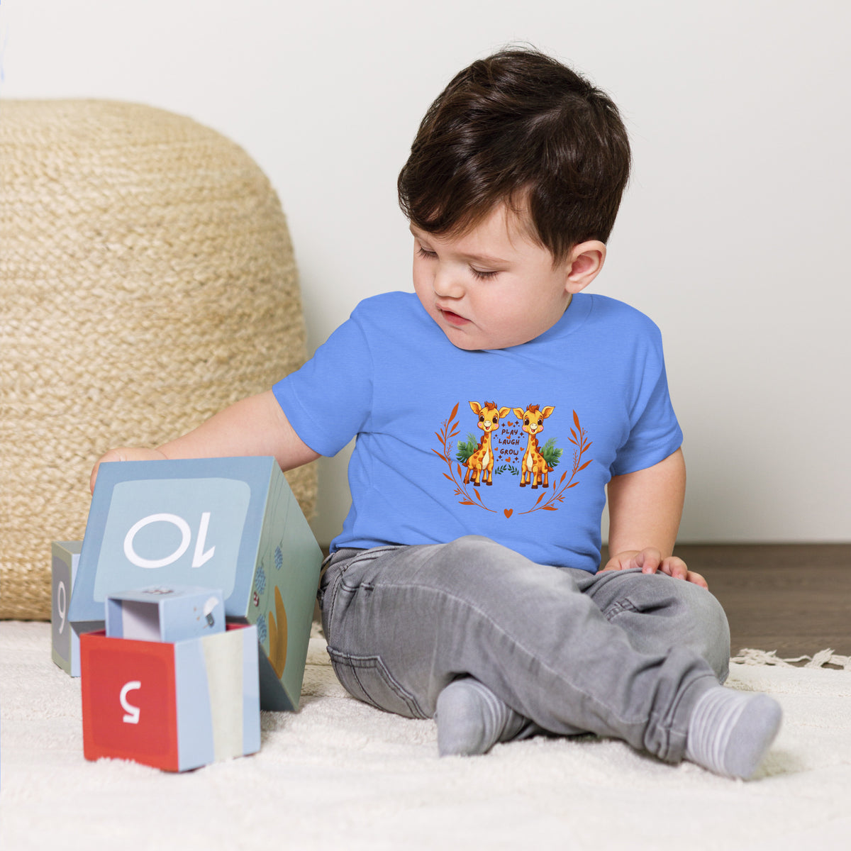 Happy Giraffe Friends - 'Play Laugh Grow' Baby Tee - Heather Columbia Blue - Baby Jersey Short Sleeve Tee