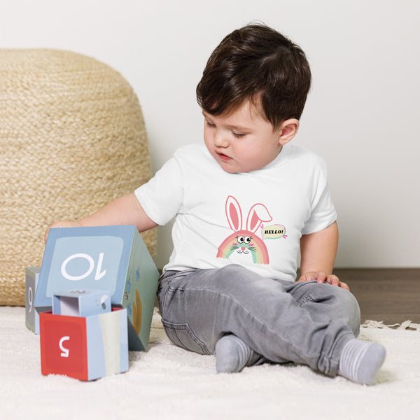 Rainbow Bunny Hello Baby Tee - White - Baby Jersey Short Sleeve Tee