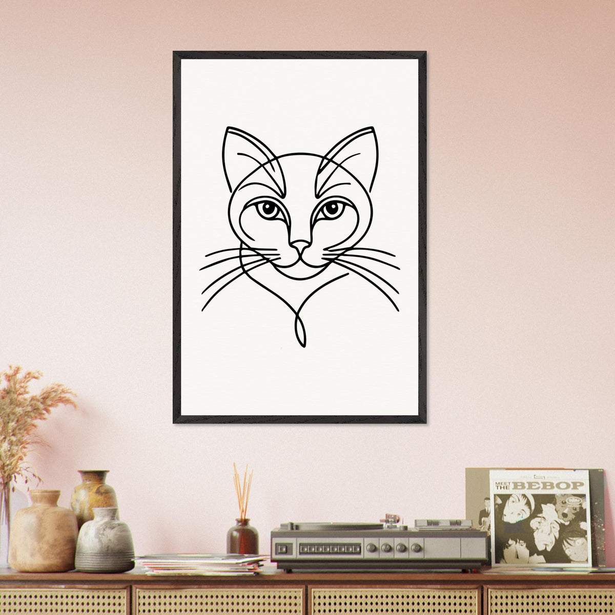 Timeless Cat Line Art - Natural Wood Framed Elegance - - Wooden Framed Posters