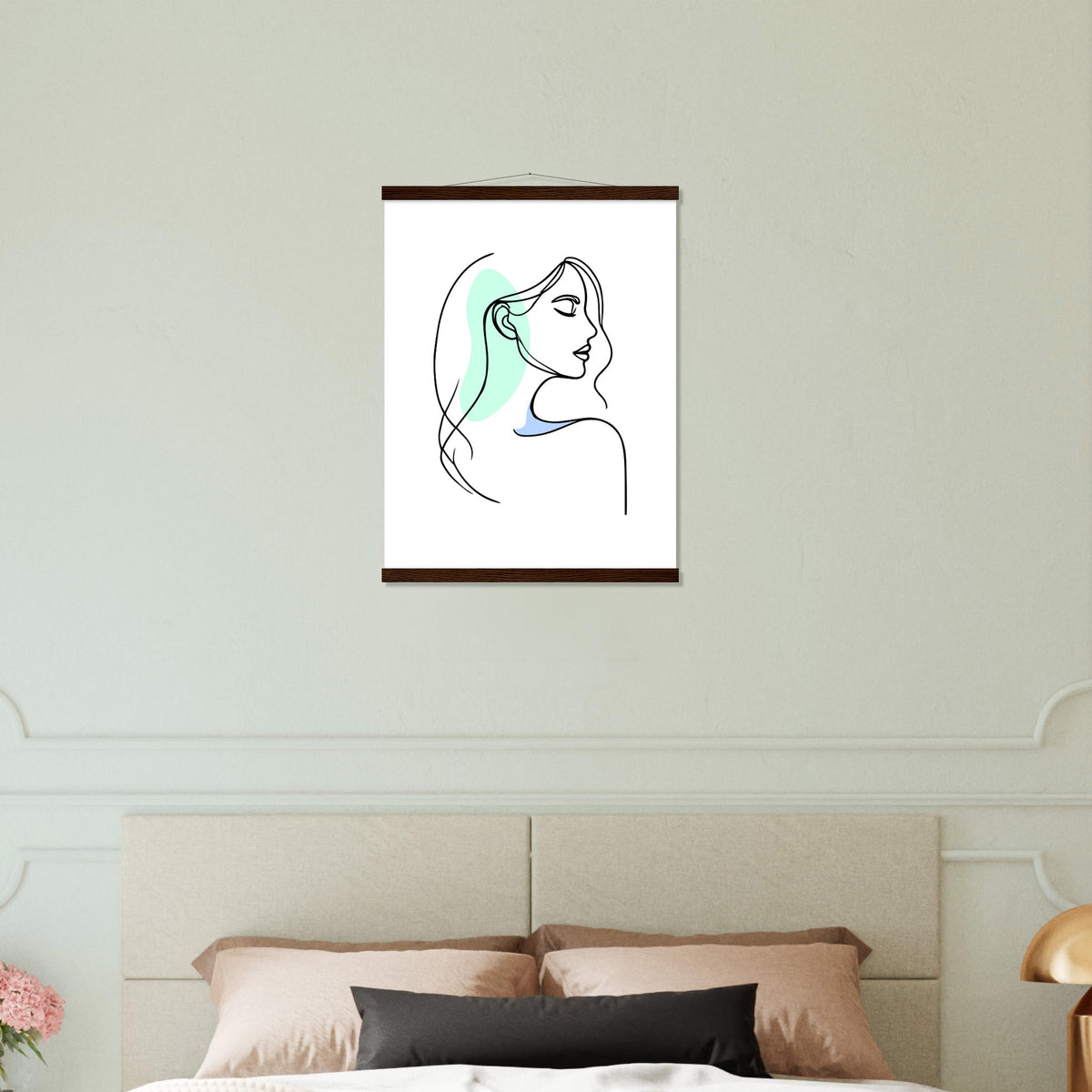 Elegance in Line - Minimalist Female Profile Art with Wooden Hangers - 45x60 cm 18x24″ Dark wood wall hanger - Posters With Hanger