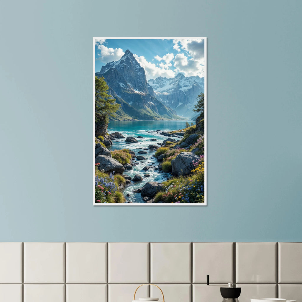 Gift Calm – Mountain River Landscape Poster for Home - White frame - Wooden Framed Posters