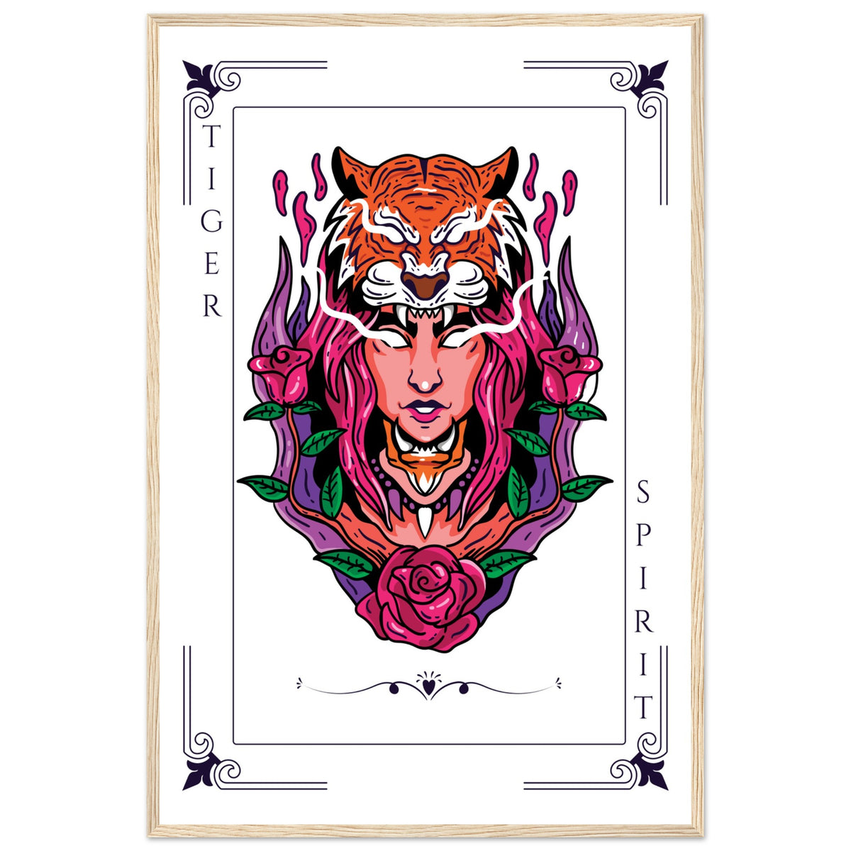 Artistry Unleashed - Warrior, Sacred Bull, and Tiger Spirit - 60x90 cm 24x36″ Wood frame Tiger Spirit - Wooden Framed Posters