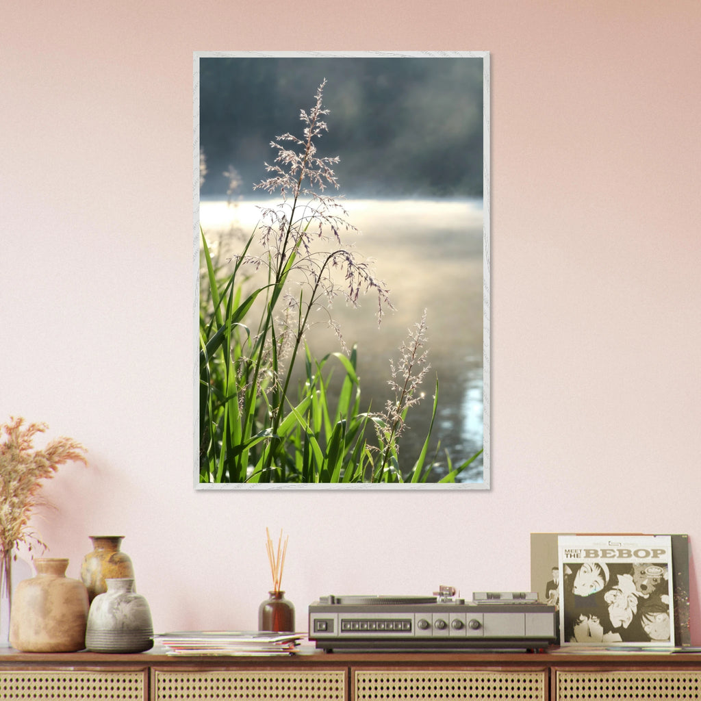 Morning Dew River View – Wooden Poster for Her - White frame - Wooden Framed Posters