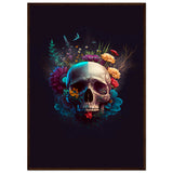 Nature’s Duality - Vibrant Flowers and Skull - 70x100 cm 28x40″ Dark wood frame - Wooden Framed Posters