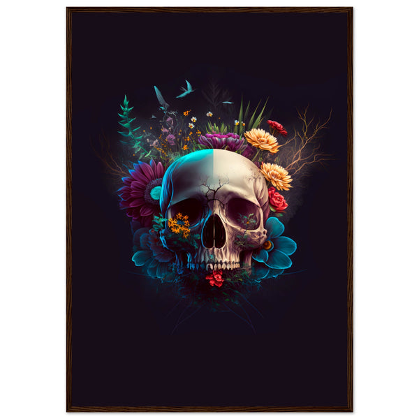 Nature’s Duality - Vibrant Flowers and Skull - 70x100 cm 28x40″ Dark wood frame - Wooden Framed Posters